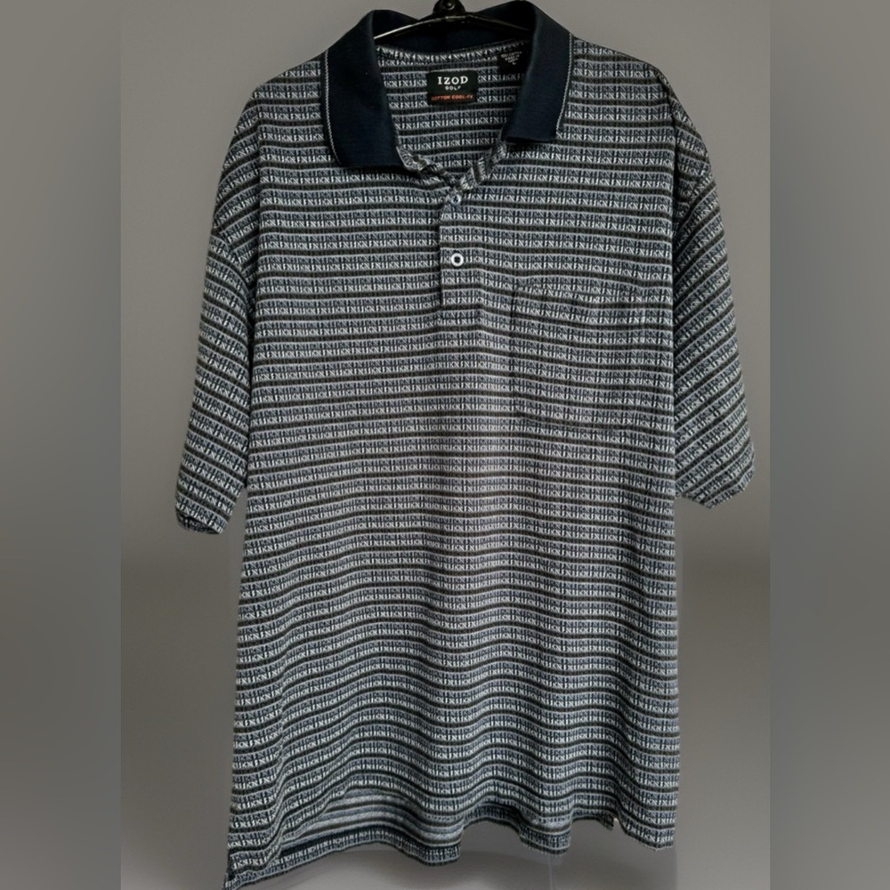 IZOD Golf Cool FX Cotton Short Sleeve Polo Shirt Collar Navy White Stripe Large